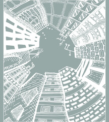 Unusual perspective of the city, drawn sketch, vector illustration.