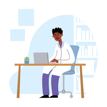 Vector illustration of african doctor at table in medical office.