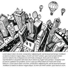 Unusual perspective of the city, drawn sketch, vector illustration.