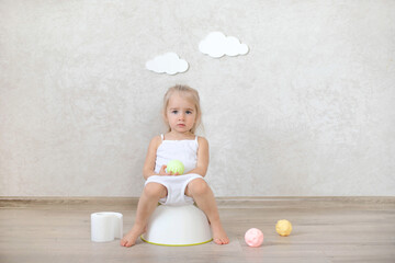 A little baby girl is sitting on a potty.