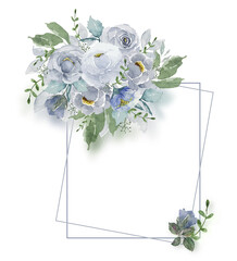 Vector watercolor light blue vintage roses bouquet with double wire open space frames