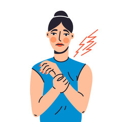 Paresthesia isolated vector illustration. Woman suffering from tunnel syndrome, atrophy design element. Tingling in the muscles, pinched nerve in cartoon style.