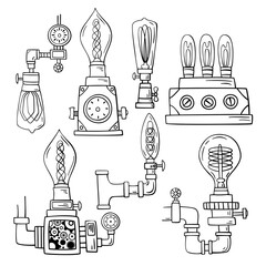 Set of hand drawn vintage edison lamp. Lightbubles retro illustration. - 414694006