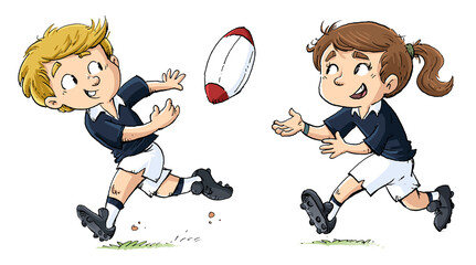 Girl and boy playing rugby - obrazy, fototapety, plakaty