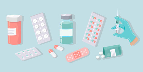 vector hand drawn illustration - tablets, pills, medicine jars, blisters with tablets. picture on the theme of pharmacology and medicine. flat illustration for websites, magazines and apps