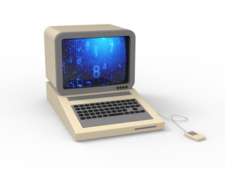 Retro PC computer desktop concept with futuristic background on the screen 3D