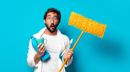 young crazy bearded man housekeeper