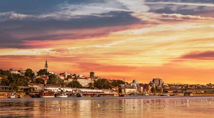 Belgrade Sunset Panorama with Tourist Nautical Port and Downtown Skyline, Viewed from Sava River Perspective. - obrazy, fototapety, plakaty