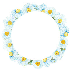 Watercolor hand painted nature circle frame with yellow center and white petals chamomile flowers wreath bouquet on thr white background for invite and greeting card with space for text