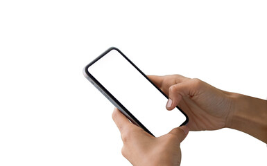 Close up hand holding black smartphone with white screen. Isolated on white background. Mobile phone frameless design concept - include clipping pat