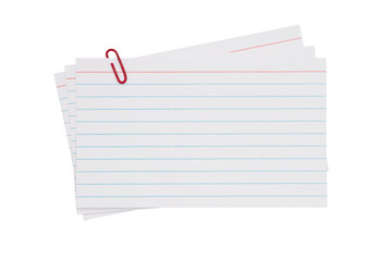 Retro white paper index cards with paper clip isolated on white