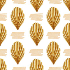 Seamless pattern hand drawn watercolor dessert french madeleine cakes with chocolate for delicious food background and bakery menu design, Valentines day, romantic wedding, birthday decor, pattern