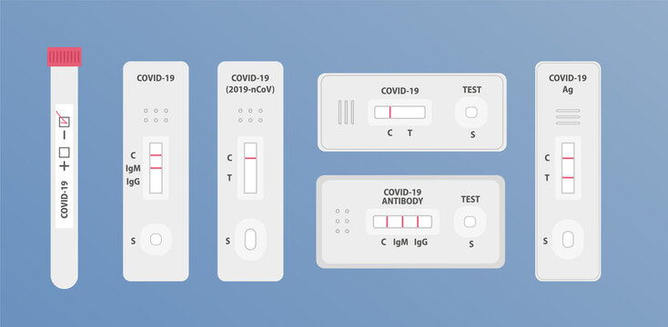 Different Types Of SARS Covid-19 Express Tests. Coronavirus Disease Antibody (IgM, IgG). COVID Rapid Test Kit. Stop Coronavirus Pandemic. Medical Healthcare Concept. Flat Design Vector Illustration.