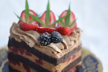 fruit cake top view. slice of fruit cake on a plate