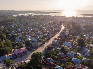 Aerial shot of Pemba island, zanzibar archipelago. Wete city at sunset time - obrazy, fototapety, plakaty
