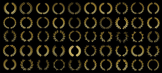 50 Various Gold Wreaths isolated on dark background. Golden laurel wreath collection. Elements for design