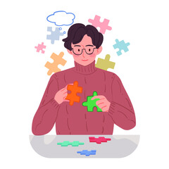 A man solving a puzzle. Idea or creativity concept illustration.