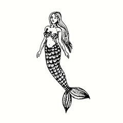 Beautiful mermaid isolated. Ink black and white doodle drawing in woodcut outline style. Vector illustration