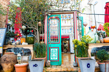 Romantic Istanbul Sunset Landscape. Beautiful street life in Istanbul. Colored cafe.