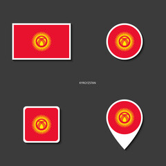 Kyrgyzstan, officially the Kyrgyz Republic, also known as Kirghizia, is a landlocked country in Central Asia. Kyrgyzstan flag icon set in circle, square and marker icon on dark grey background.
