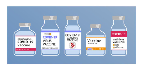 Different types of antivirus covid vaccine bottles. Safe, effective and approved by experts medicine vaccine for adult and children. Covid preventions set. Flat design simple vector illustration.