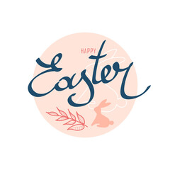 Easter design for greeting card, banner, poster, flyer, web, stories. Pink bunny unde the text Happy Easter on a pink circle background
