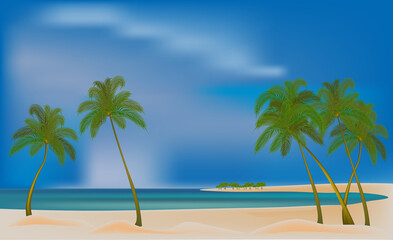 Tropical landscape. Palm, ocean, sand, beach, coast. Blue sky. vector illustracion.