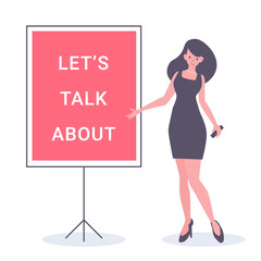 Vector business illustration of woman and flip chart board