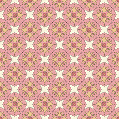 Seamless pattern from round ceramic tiles. Geometric pattern with lotus flowers and leaves. Portuguese, Spanish or Moroccan traditional national ornament. Vector. Pink and yellow.