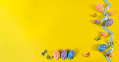 Fototapeta na wymiar Happy easter! Flat Lay, Internet banner with Copy Space on Easter