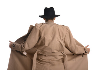 Exhibitionist exposing naked body under coat isolated on white, back view