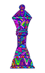 Colorful Queen Chess Piece with many decorative abstract patterns, doodle style, isolated on white