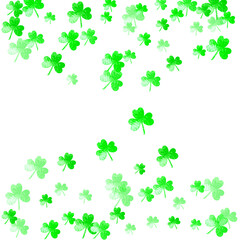 St patricks day background with shamrock. Lucky trefoil confetti. Glitter frame of clover leaves. Template for party invite, retail offer and ad. Dublin st patricks day backdrop.