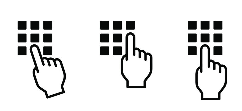Pin code, password. Access security lock, identification unlock Vector hand buttons icon. Pin code keypad, hand pushing. The finger presses the buttons, the choice.