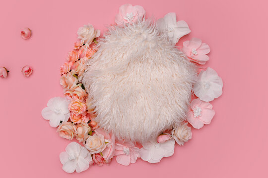 Digital newborn background. Newborn floral backdrop with pink flowers.