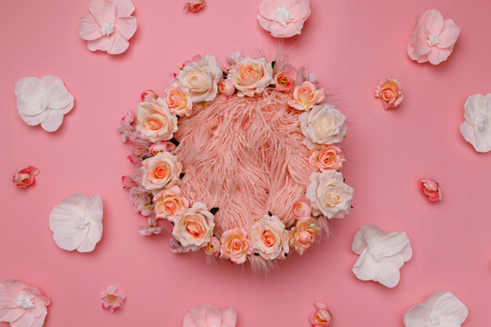 Digital newborn background. Newborn floral backdrop with pink flowers.