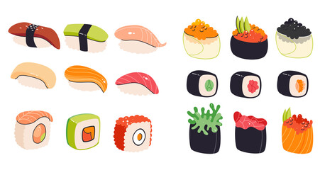 Sushi, rolls, gunkan collection . Various Asian food. Japanese sashimi with different ingredients. Seaweed and fish meals cartoon clipart.