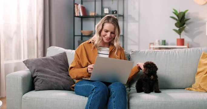 Caucasian joyful happy middle-aged beautiful woman sitting on sofa in modern living room with cute puppy dog and buying on internet shopping online making payment with credit card, e-commerce concept