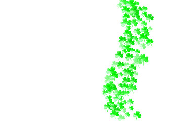 St patricks day background with shamrock. Lucky trefoil confetti. Glitter frame of clover leaves. Template for voucher, special business ad, banner. Happy st patricks day backdrop