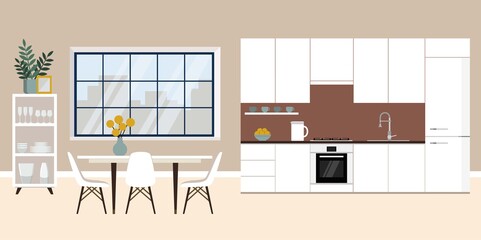 Modern cozy kitchen interior with white kitchen set, dining area and window. Flat style vector graphic illustration.
