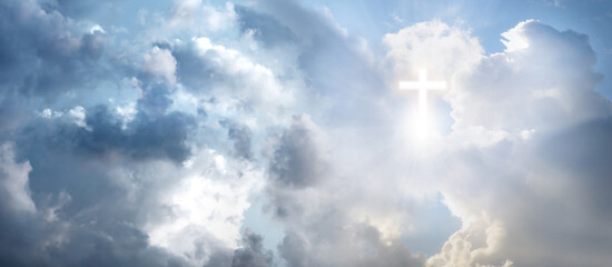 Cross silhouette in sky with clouds, banner design. Resurrection of Jesus