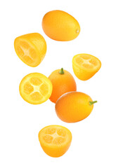 Fresh ripe kumquat fruits falling on white background