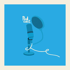 Blue studio microphone on a blue background. Vector cover for podcast show. Illustration and lettering.