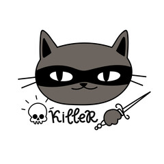 cute gray cat in mask with knife, sticker cartoon vector, lettering - 414703038