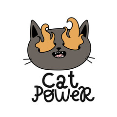 cute gray cat fire out of eyes cartoon vector, lettering cat power, postcard - 414703055