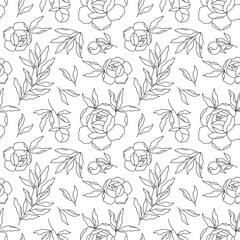 peony flower and leaves, vector silhouette seamless pattern, contour drawing
