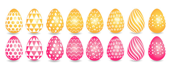 Happy easter. Set of pink and yellow patterns for Easter eggs on a white background. Vector illustration