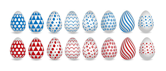 Happy easter. Set of red and blue patterns for Easter eggs on a white background. Vector illustration
