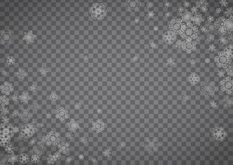 Isolated snowflakes on transparent grey background. Silver glitter snow. Horizontal Christmas and New Year design for party invitation, banner, sale. Winter window. Magic crystal isolated snowflakes