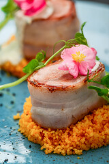 Festively decorated Turkey fillet covered bacon